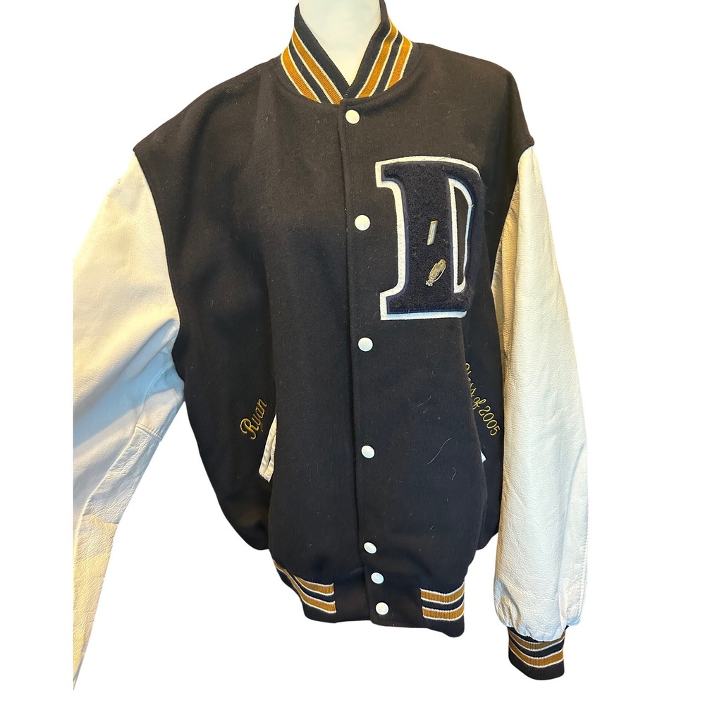 Holloway Varsity Letterman Jacket Black Gold‎ White Leather Sleeves Mens XL